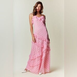 Pink Lace Ruffle Maxi Dress | Barbiecore Elegance